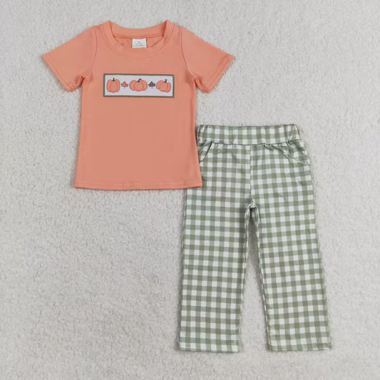 BSPO0451 Pumpkin Embroidery Pink Top Green Checkered Pants Boys Fall Clothes Set