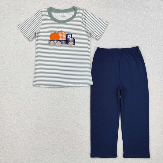 BSPO0473 Pumpkin Truck Embroidery Stripes Top Navy Pants Boys Fall Clothes Set