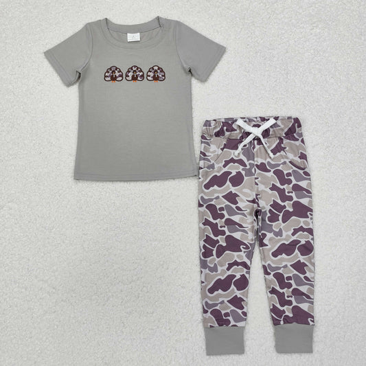 BSPO0482 Turkey Embroidery Grey Top Camo Pants Boys Thanksgiving Clothes Set