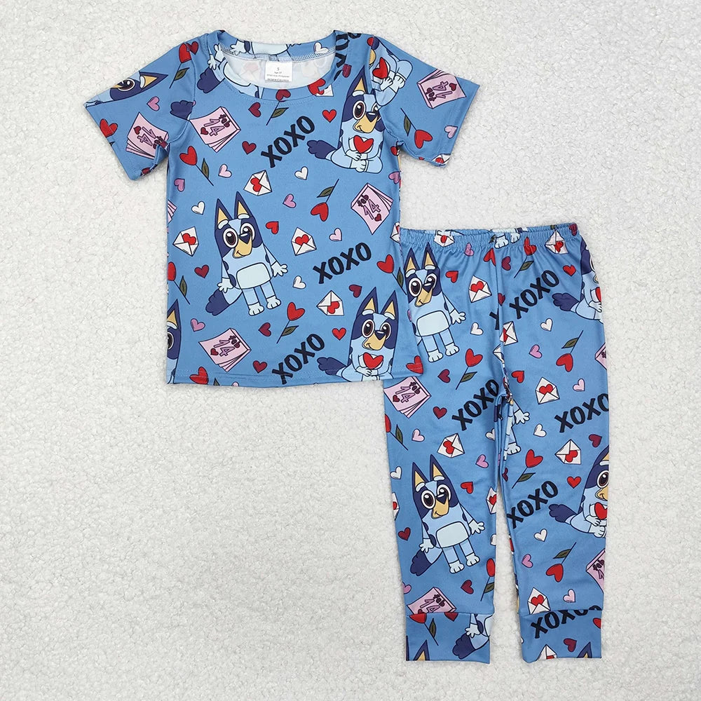 Baby Boys Valentine Hearts Dogs Short Sleeve Top Pants Outfit