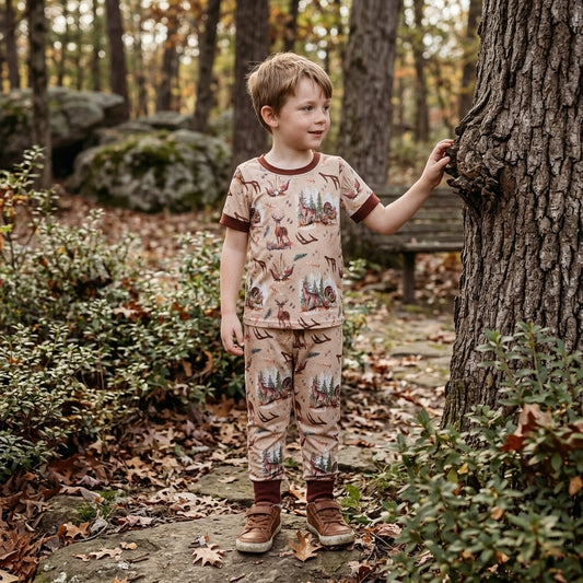 BSPO0494 Deer Turkey Print Baby Boys Hunting Short Sleeve Pajamas Clothes Set
