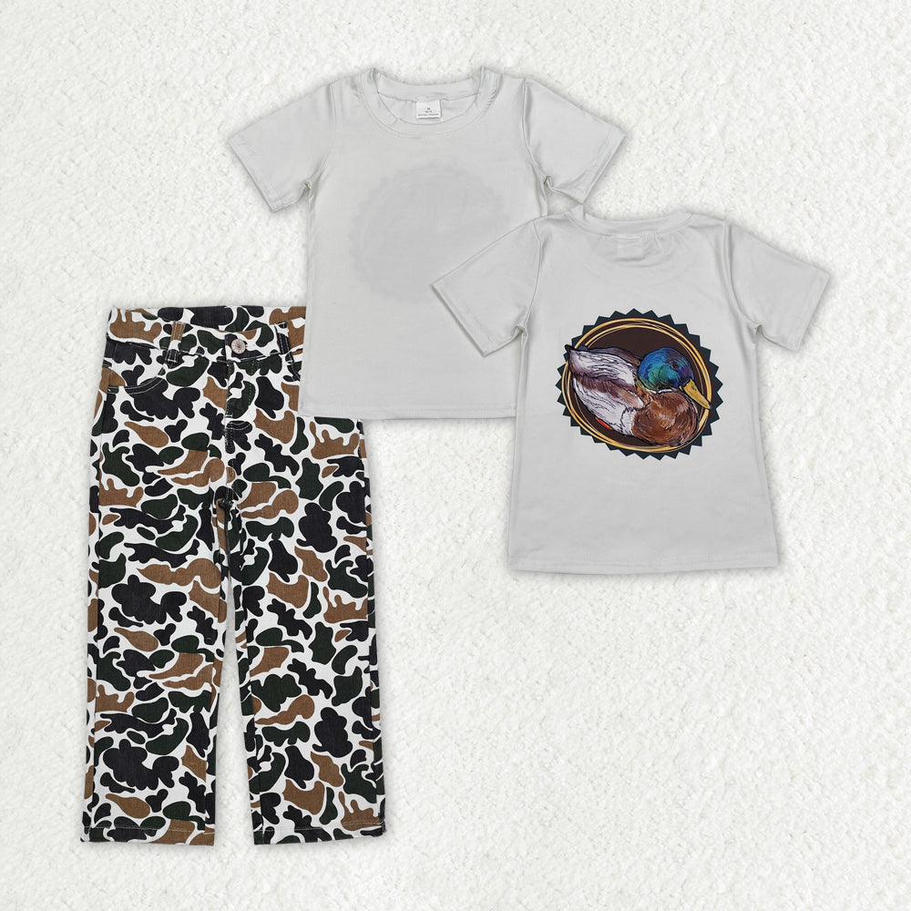 Sibling Baby Boys Short Sleeve Deer Fishing Top Denim Pants Hunting Clothes Sets