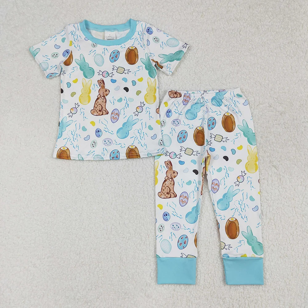 Sibling Baby Girls Boys Easter Rabbit Egg Shor Sleeve Pajama Set Zipper Romper