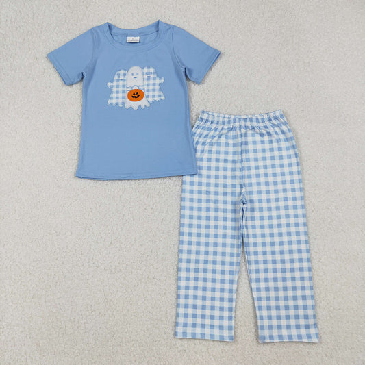 BSPO0581 Ghost Pumpkin Embroidery Blue Top Checkered Pants Boys Halloween Clothes Set