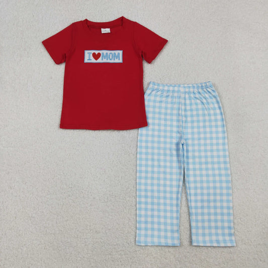 Sibling Baby Boys Girls Embroidery I Love Dad Mom Checked Red Shirt Pants Clothes Sets