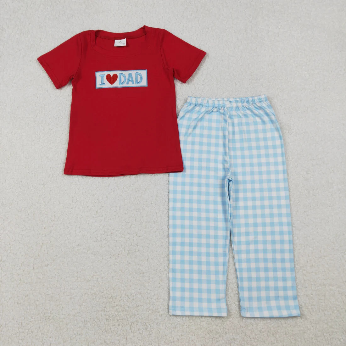 Sibling Baby Boys Girls Embroidery I Love Dad Mom Checked Red Shirt Pants Clothes Sets