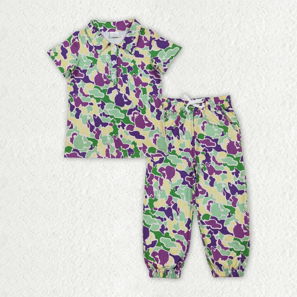Sibling  Baby Boys Mardi Gras  Camo Polo Top Jogger Pants Outfit