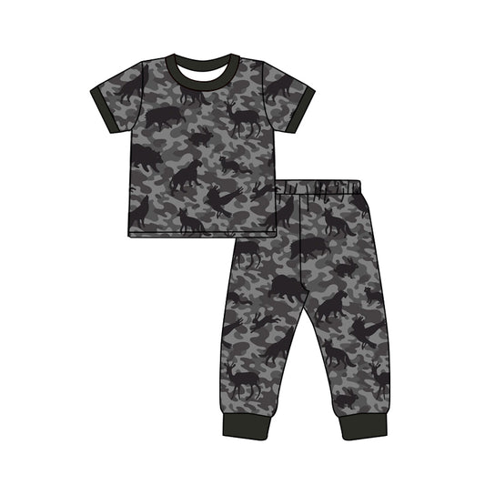 4.18 Toddler Boys Grey Camo Outfit Hunting Animal Short Sleeve Top with Pants Pajama Set Preorder