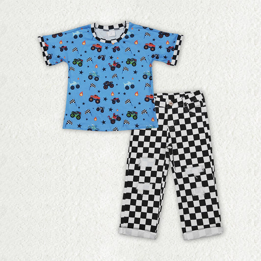 BSPO0687 Monster Truck Flags Blue Top Plaid Hole Jeans Boys Clothes Set
