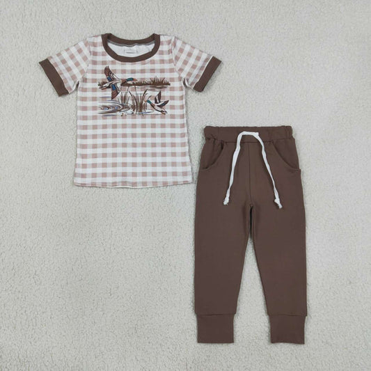 BSPO0689 Duck Checkered Top Brown Pockets Pants Boys Clothes Set
