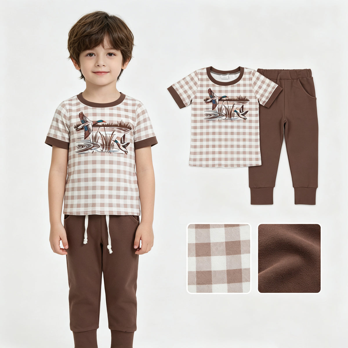 BSPO0689 Duck Checkered Top Brown Pockets Pants Boys Clothes Set