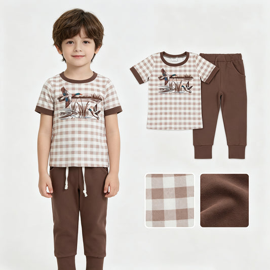 BSPO0689 Duck Checkered Top Brown Pockets Pants Boys Clothes Set