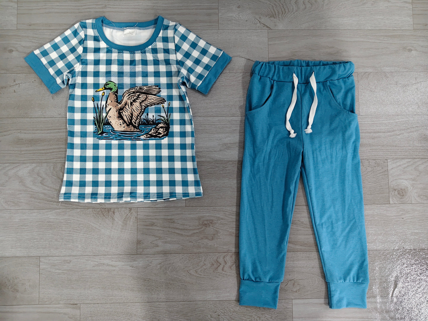 5.20 BSPO0690 Preorder Duck Plaid Top Blue Pants Boys Clothes Set
