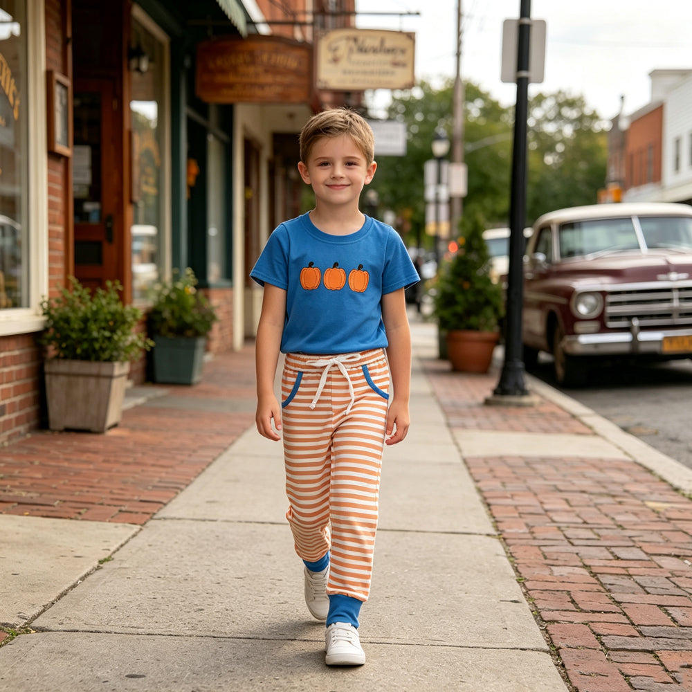 BSPO0693 Pumpkin Embroidery Blue Top Orange Stripes Pants Boys Fall Clothes Set