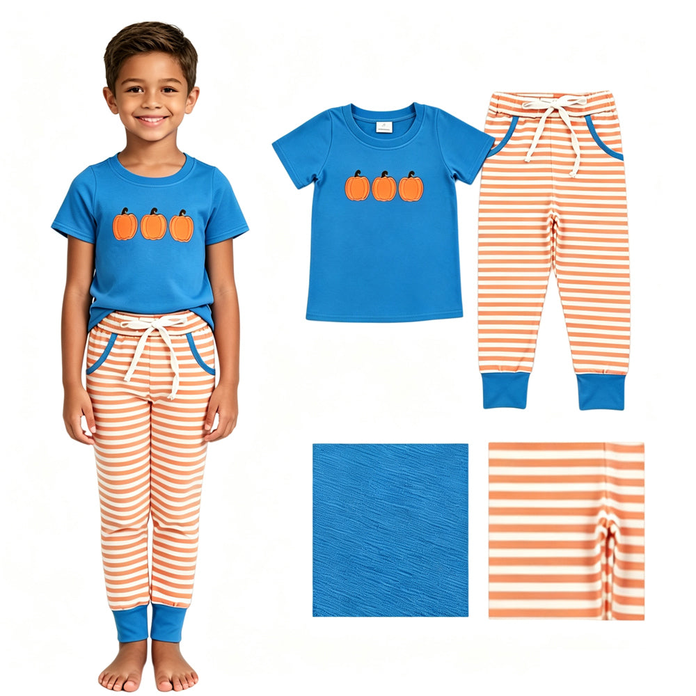 BSPO0693 Pumpkin Embroidery Blue Top Orange Stripes Pants Boys Fall Clothes Set