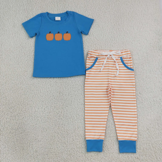 Sibling Baby Boys Embroidery Pumpkin Short Sleeve Top Orange Striped Pants Outfit Romper