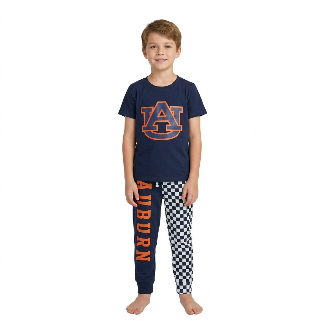 BSPO0694 Teams AU Vinyl Navy Top Auburn & Checkered Split Joggers Kids Clothes Set