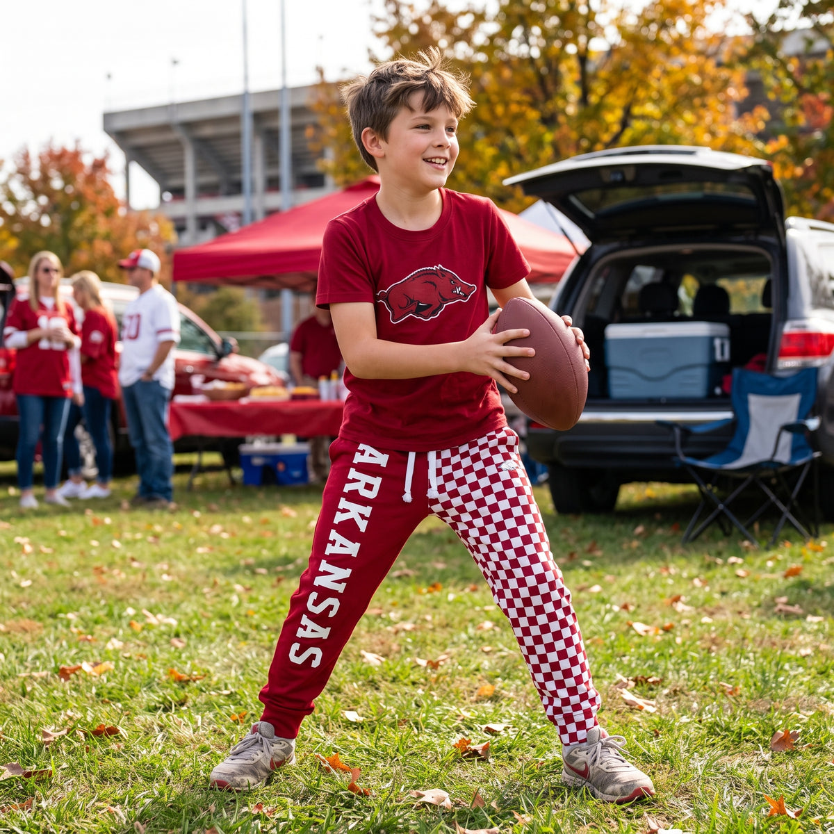 BSPO0699 Teams Arkansas Vinyl Maroon Top Checkered Split Joggers Kids Clothes Set