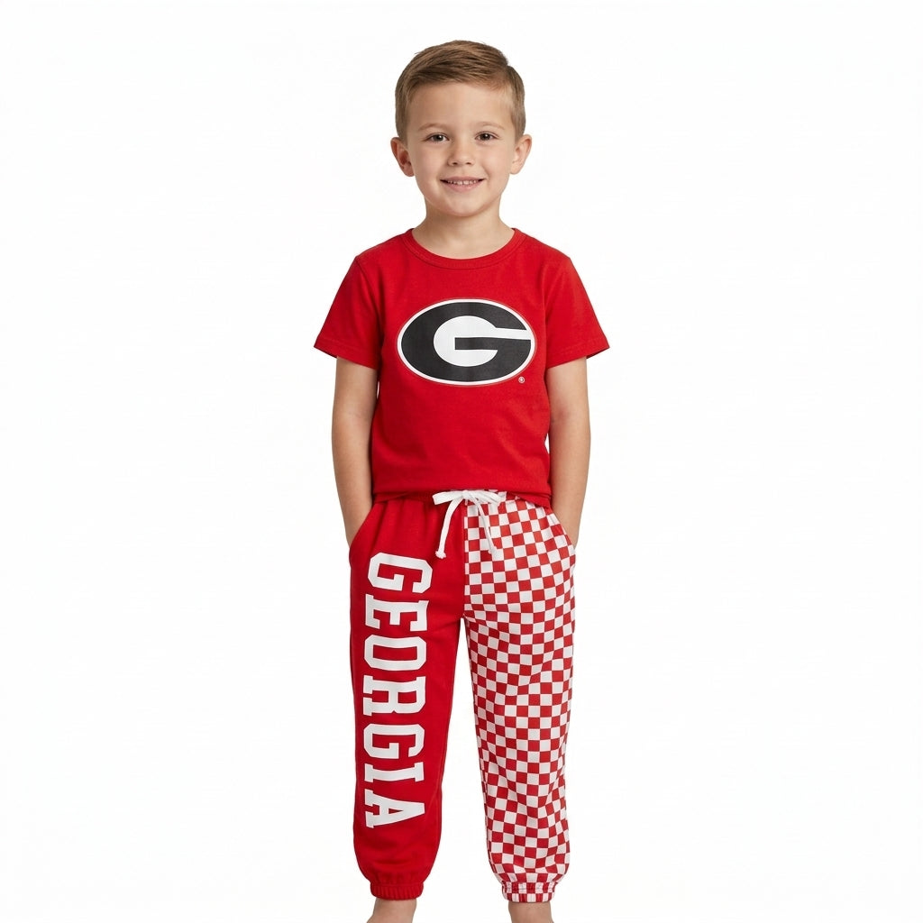 BSPO0700 Teams G Vinyl Red Top Georgia & Checkered Split Joggers Kids Clothes Set