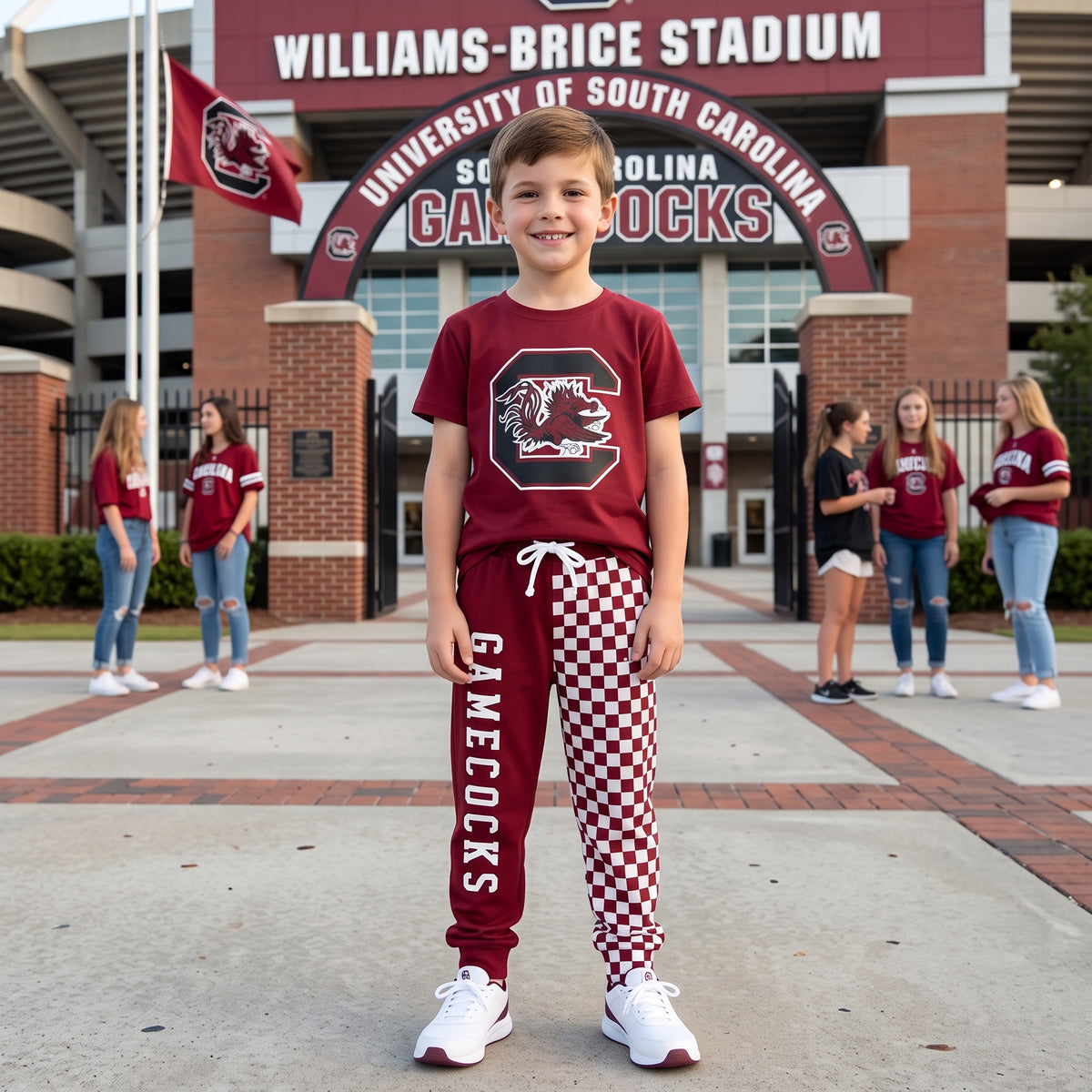 BSPO0701 Teams G Vinyl Maroon Top Gamecocks & Checkered Split Joggers Kids Clothes Set