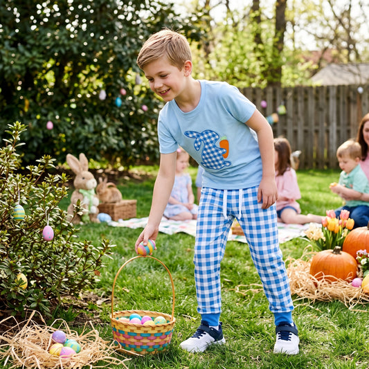 BSPO0705 Bunny Carrot Embroidery Blue Top Checkered Pockets Pants Boys Easter Clothes Set
