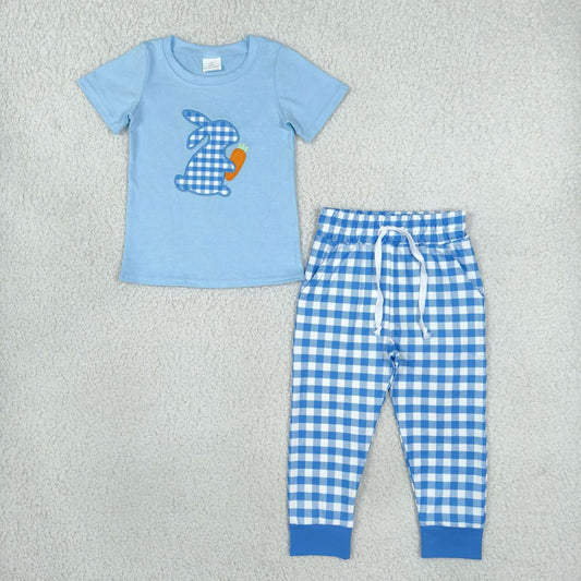BSPO0705 Bunny Carrot Embroidery Blue Top Checkered Pockets Pants Boys Easter Clothes Set