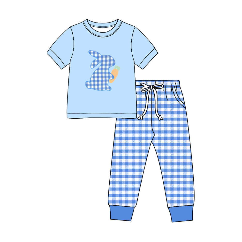 8.27 BSPO0705 Preorder Bunny Carrot Blue Top Checkered Pockets Pants Boys Easter Clothes Set