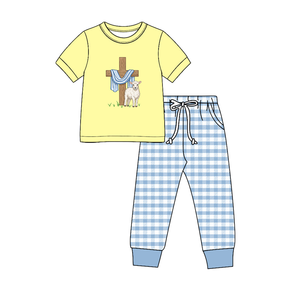 8.28 BSPO0707 Baby Boys Easter Cross Short Sleeve Top GIngham Pants Outfit Preorder