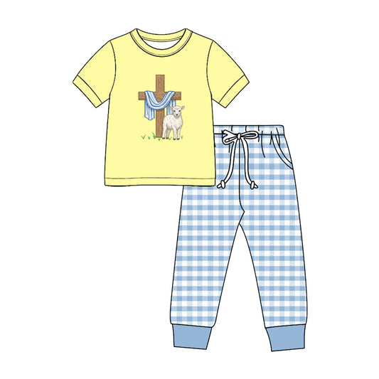 8.28 BSPO0707 Baby Boys Easter Cross Short Sleeve Top GIngham Pants Outfit Preorder