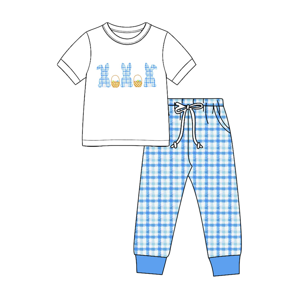 8.28 BSPO0709 Preorder Baby Boys Easter Rabbit Blue GIngham Pants Set