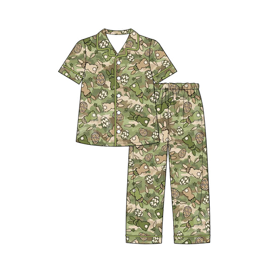 9.1 BSPO0719 Preorder Bunny Eggs Green Camo Print Boys Easter Buttons Pajamas Clothes Set