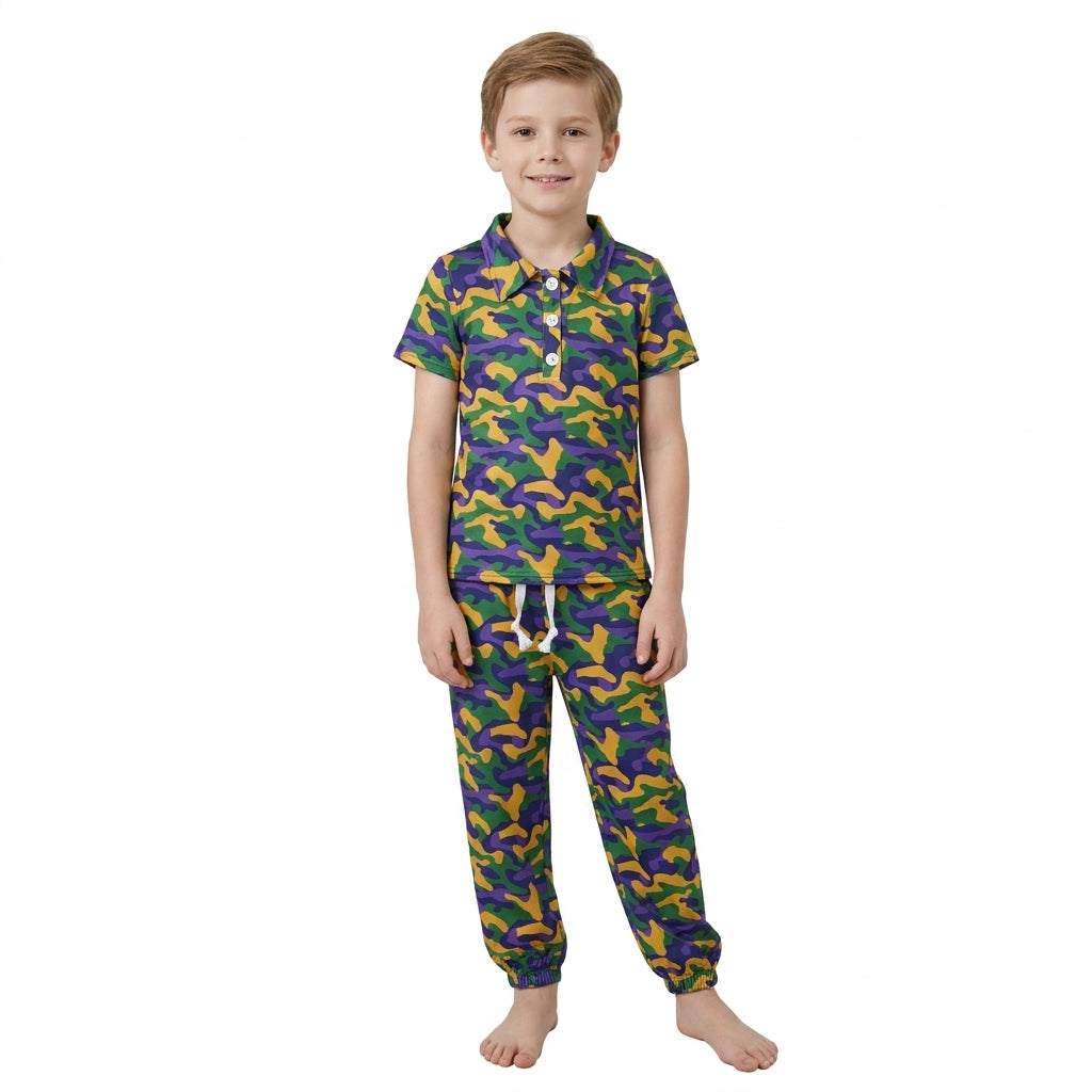 BSPO0721 Boys Mardi Gras Green Yellow Purple Camo Short Sleeve Polo Top Jogger Outfit
