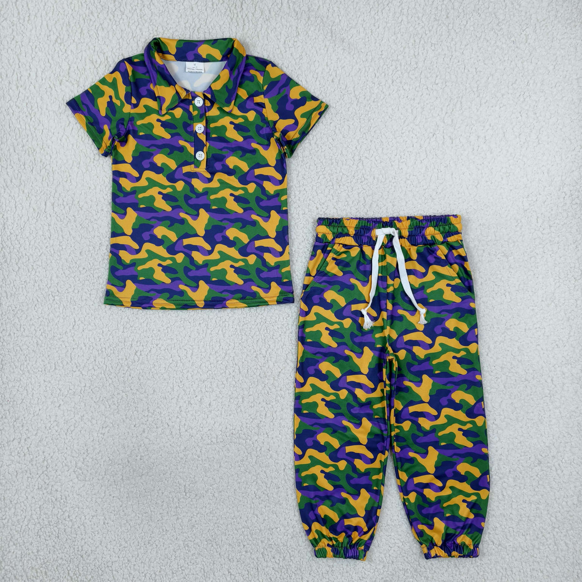 BSPO0721 Boys Mardi Gras Green Yellow Purple Camo Short Sleeve Polo Top Jogger Outfit