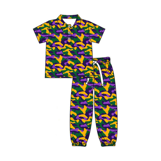 9.3 BSPO0721 Preorder Baby  Boys Mardi Gras Green Yellow Purple Camo Short Sleeve Polo Top Jogger Outfit