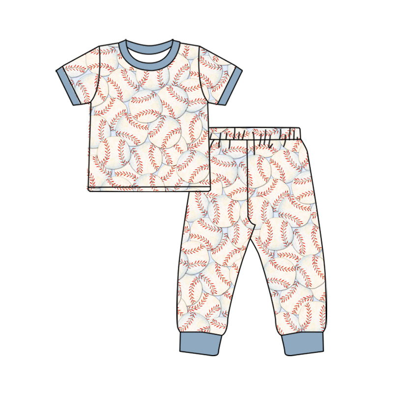 9.25 BSPO0725 Preorder Baseball White Print Boys Short Sleeve Pants Pajamas Clothes Set