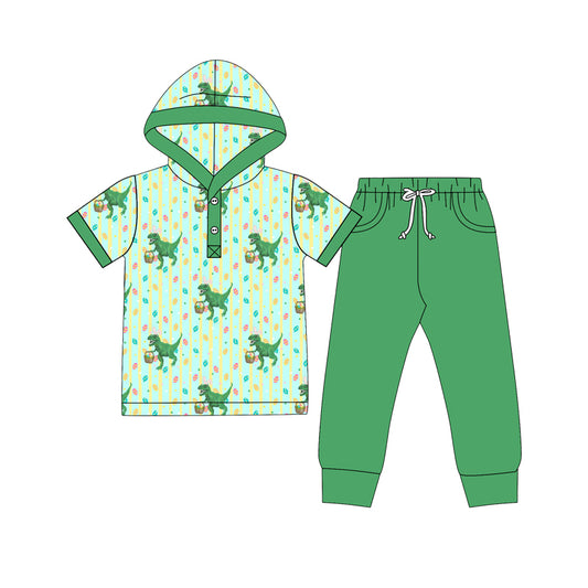 10.9 BSPO0734 Preorder Dino Eggs Stripes Hoodie Top Green Pockets Pants Boys Easter Clothes Set