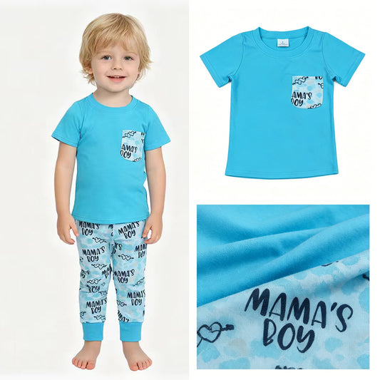Boys "Mama's Boy" Outfit - Turquoise Pocket Tee & Printed Jogger Pants Set