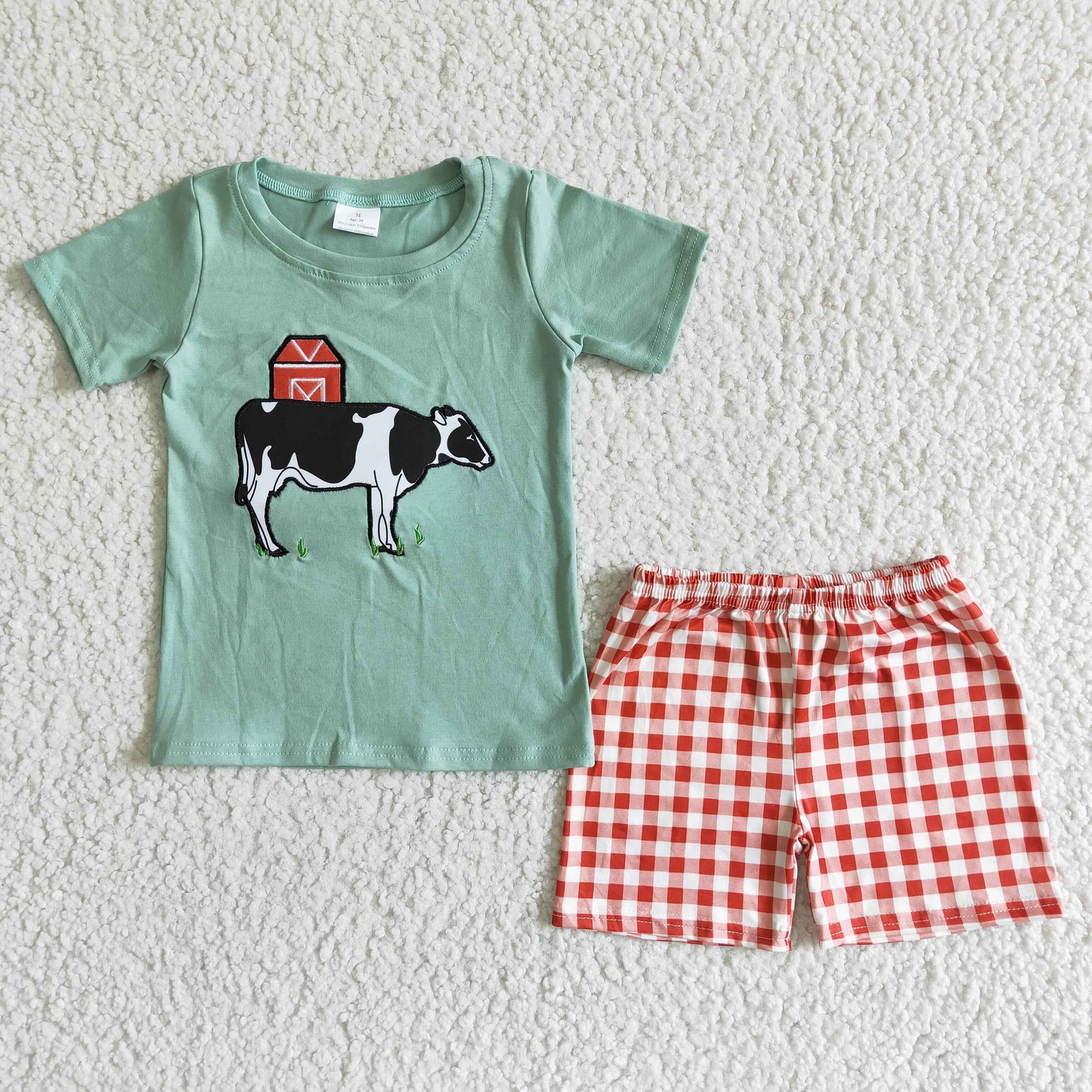 BSSO0001 Farm Cow Embroidery Green Top Plaid Shorts Boys Summer Outfits