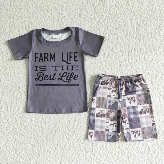 Farm life is the best life gray top plaid shorts boys summer outfits   BSSO0029