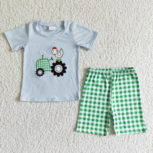 (Promotion)BSSO0031 Tractors Chicken Embroidery Blue Top Green Plaid Shorts Boys Summer Outfits
