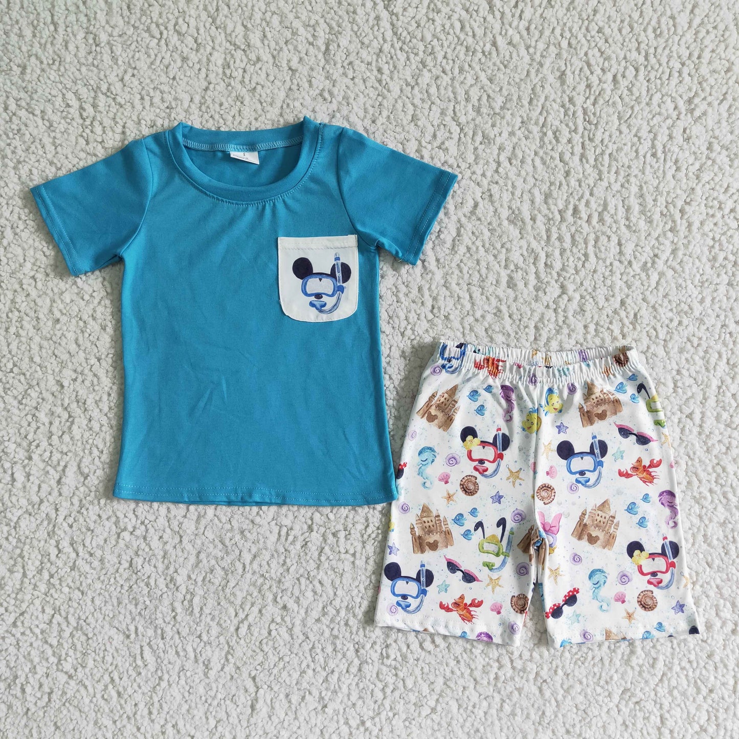 (Promotion)Blue Pocket Cartoon Mouse Boys summer outfits BSSO0038