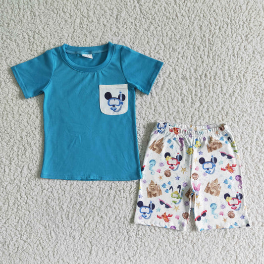 (Promotion)Blue Pocket Cartoon Mouse Boys summer outfits BSSO0038
