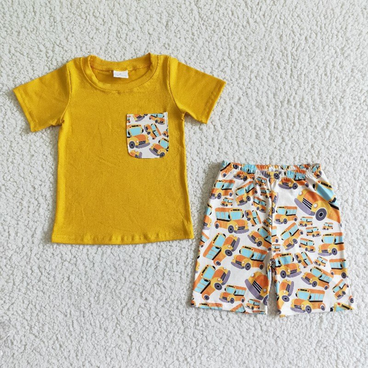 BSSO0041 Yellow Pocket Top School Bus Shorts Boys Back to School Clothes Set
