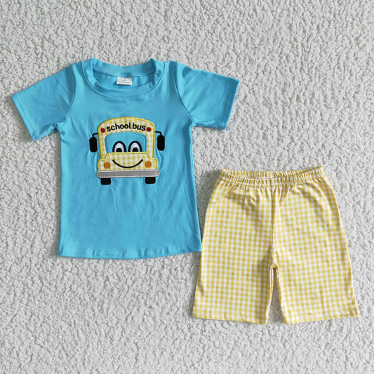 BSSO0055 School Bus Embroidery Blue Top Plaid Shorts Boys Back to School Clothes Set