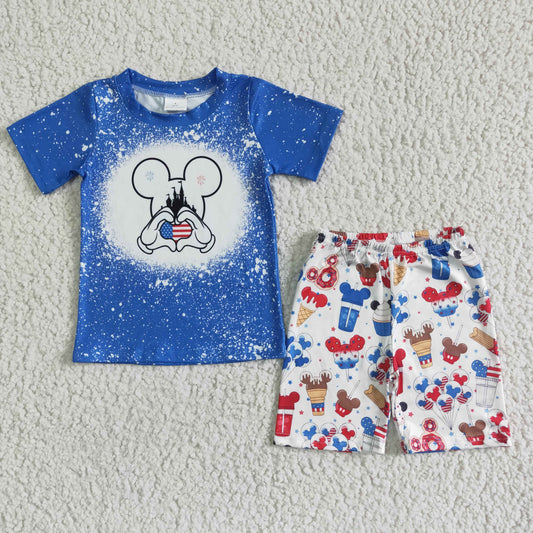 (Promotion)BSSO0068 Cartoon Mouse Blue Top Stars Shorts Boys 4th of July Clothes Set