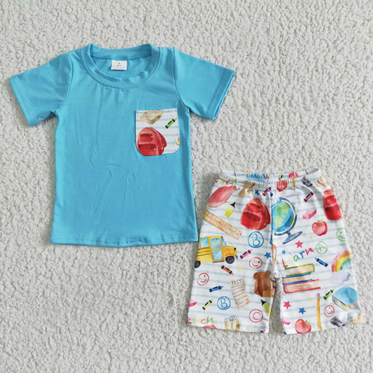 BSSO0071 Blue Pocket Top Pen Apple Bus Shorts Boys Back to School Clothes Set