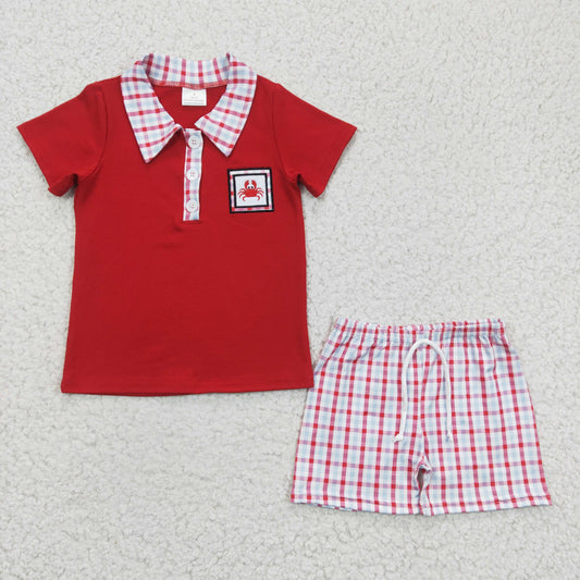 BSSO0106 Crab Embroidery Red Polo Top Plaid Shorts Boys Summer outfits $5.5