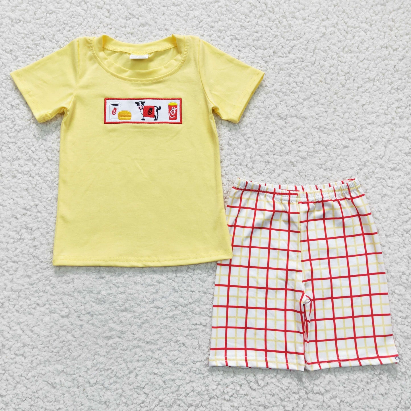 Sibling Baby Boys Girls  Embroidery Cow Top with Gingham Shors Outfit+Dress