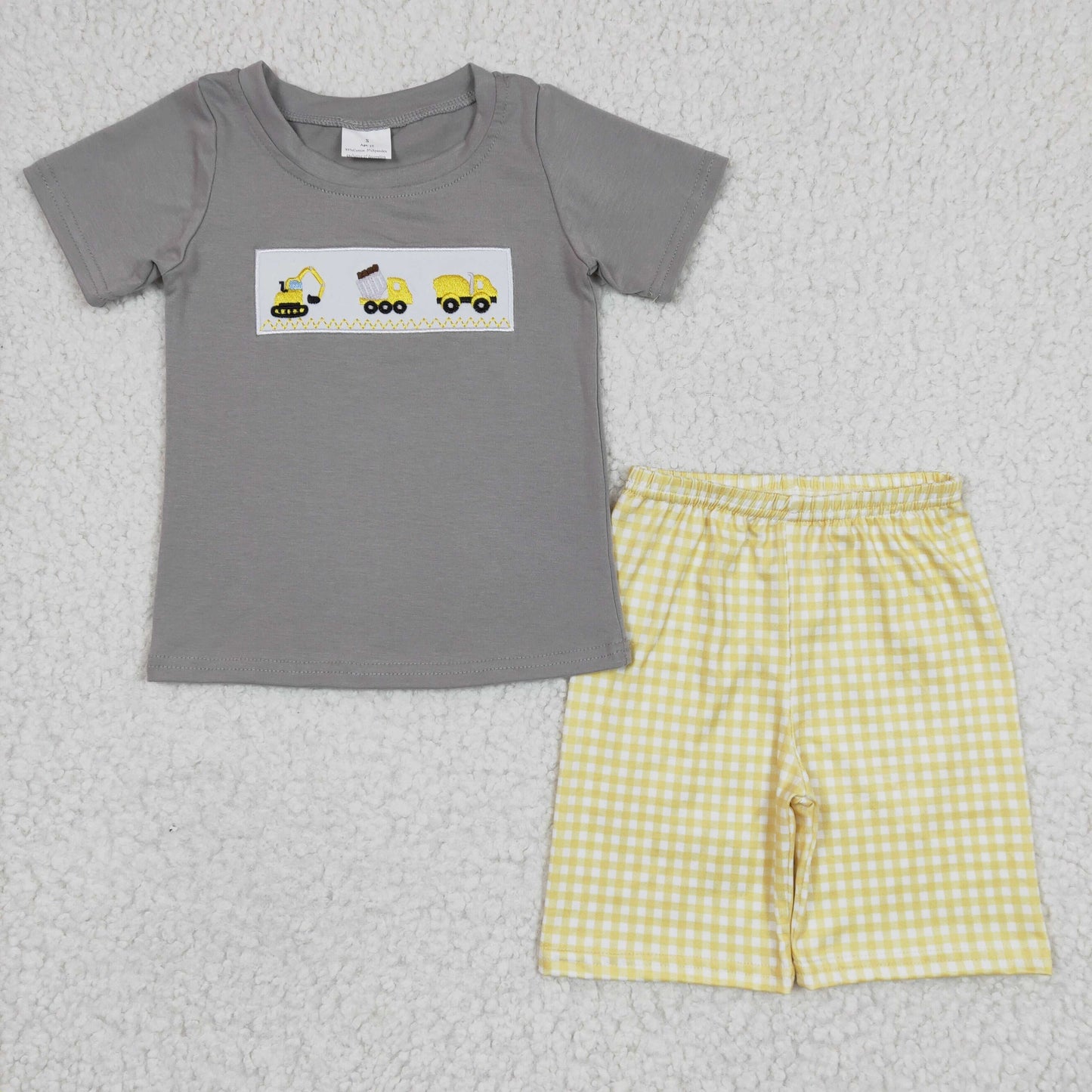 Boys construction embroidery Plaid print summer outfits  BSSO0124