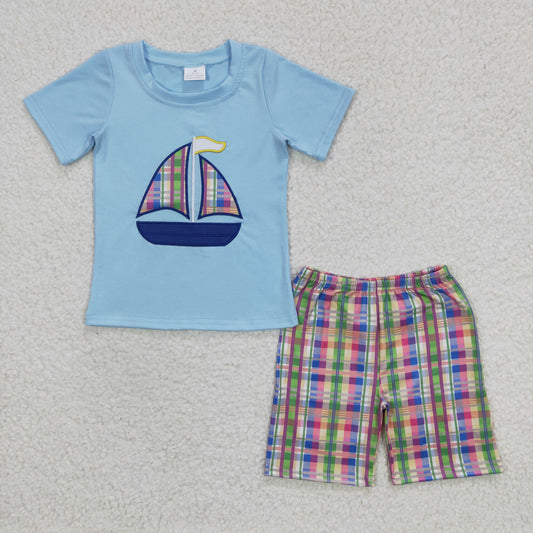 Baby Boys Embroidery Boat Blue Top with Shorts Outfit $5.5